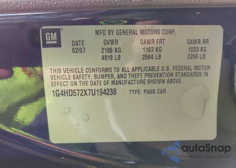 2007 Buick Lucerne Cxl from USA, damaged, VIN 1G4HD572X7U194238